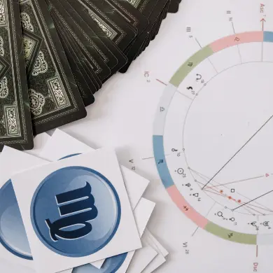 Un jeu de cartes posé sur une roue astrologique