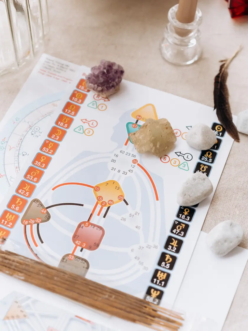 Un thème astral, des cristaux et une plume sur la table